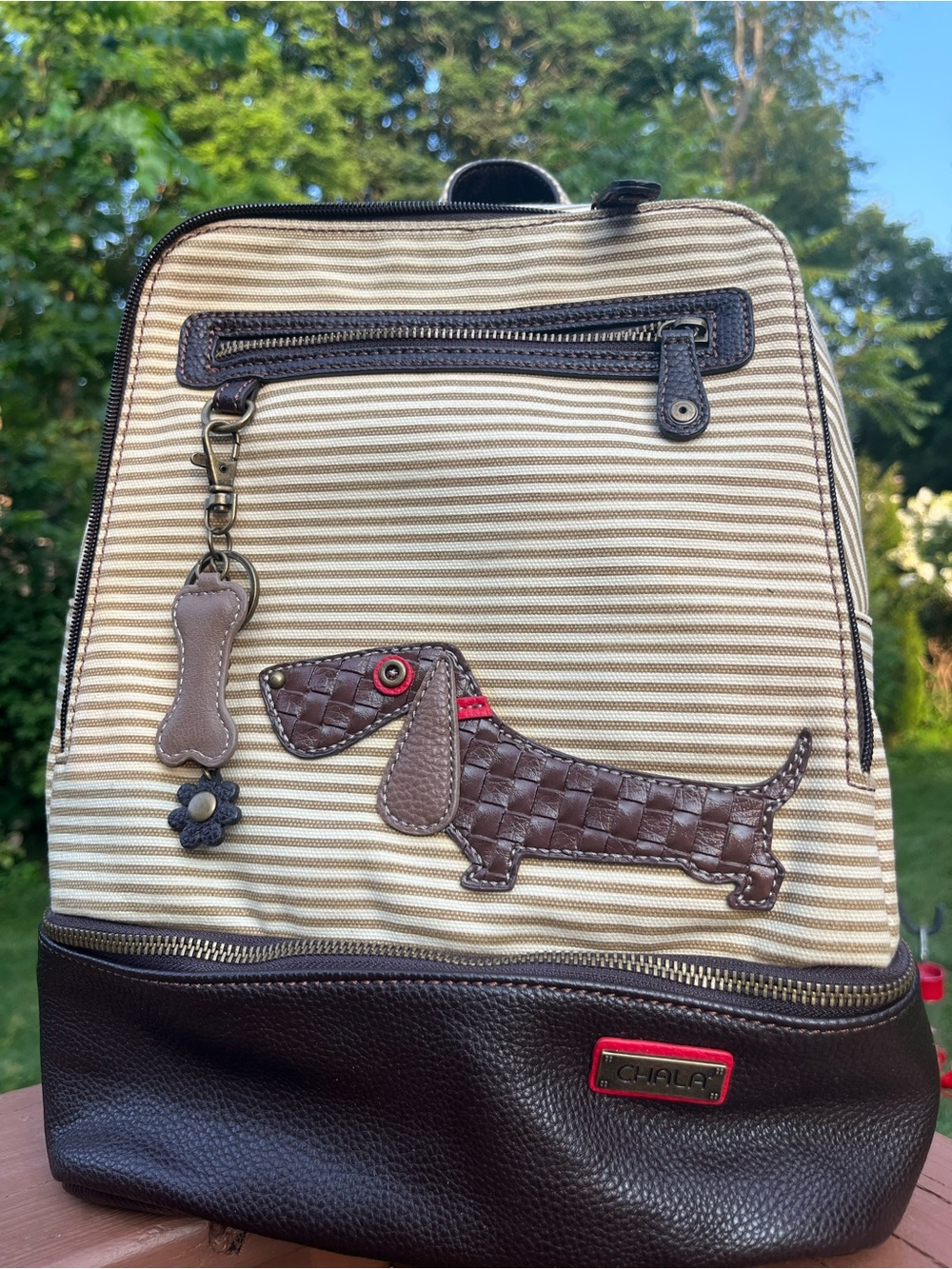 Chala Cream & Brown Striped Backpack with Dachshund Dog Applique